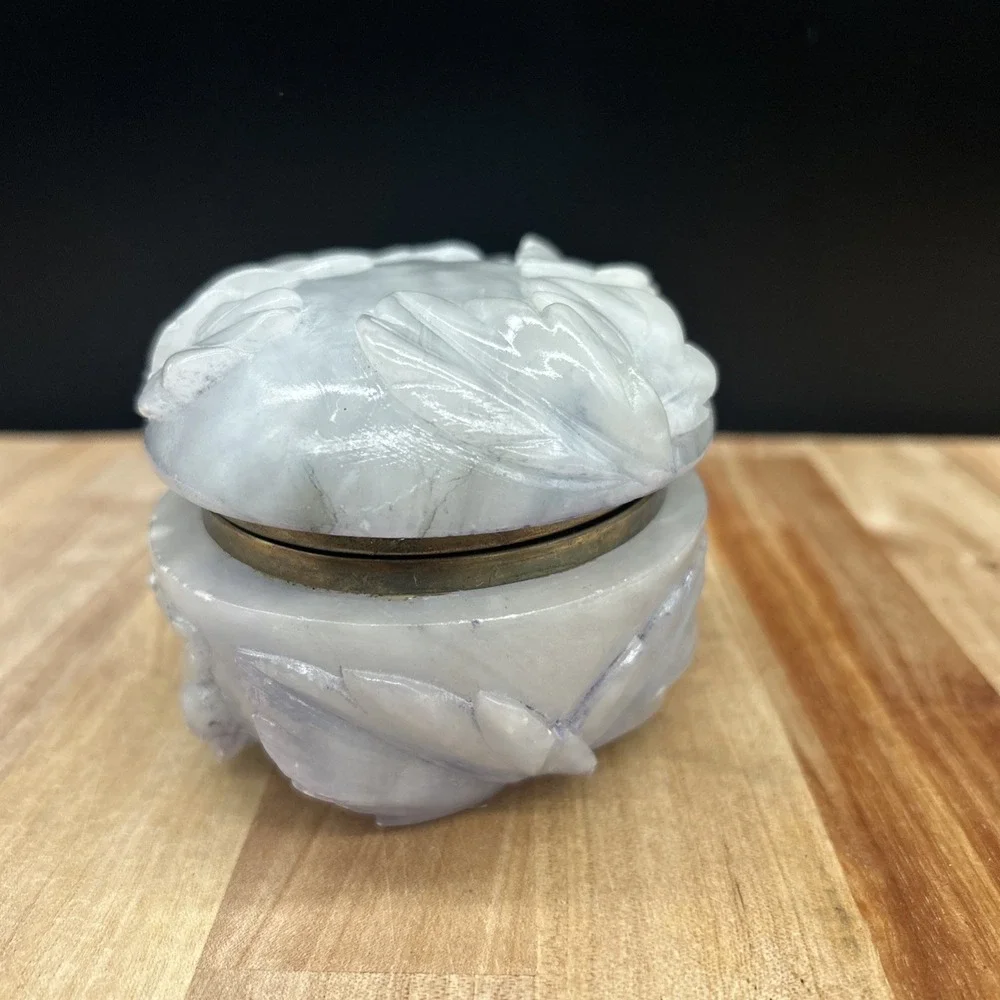 Vintage alabaster Trinket Box With Hinged Lid Carved Stone